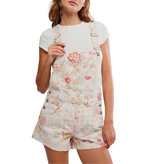 Free People Ziggy Floral Printed Square Neck Sleeveless Denim Shortall
