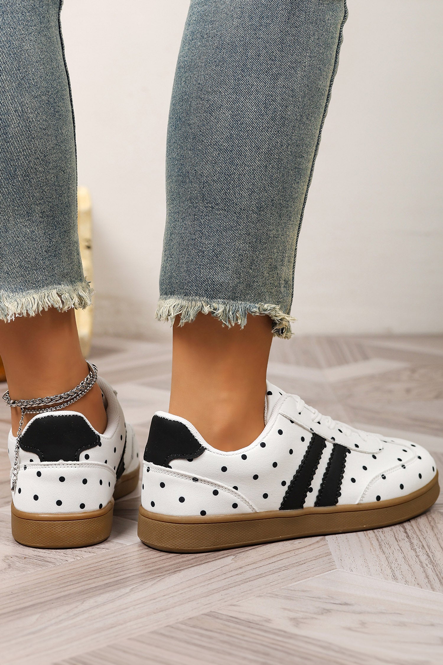 White Polka Dot Print PU Leather Color Block Detail Casual Sneakers