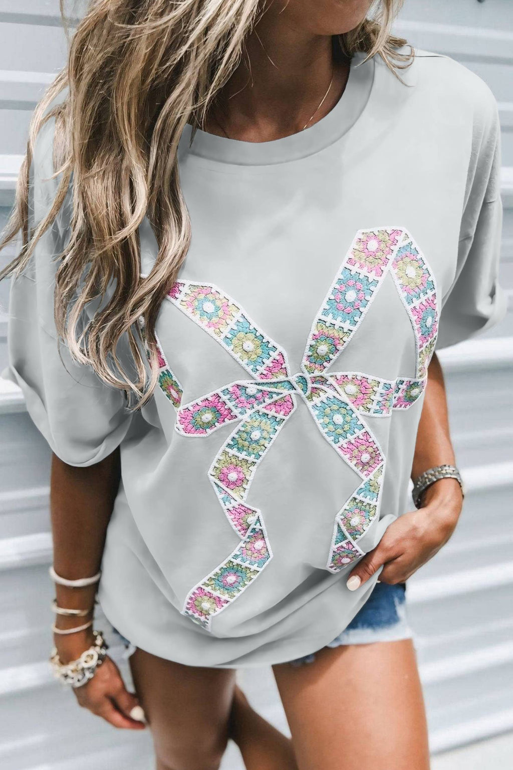 Light Grey Floral Crochet Ribbon Bow Patched Cotton T Shirt