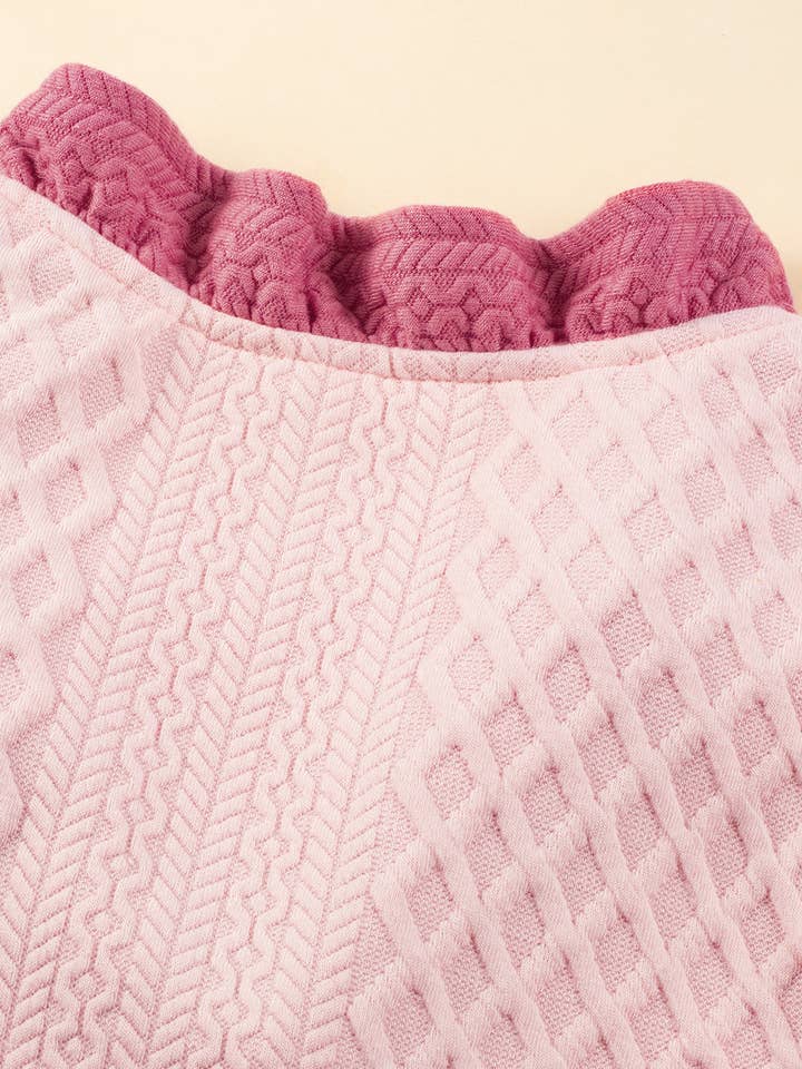Light Pink Textured Puff Sleeve Ruffled V Neck Shift Mini Dress