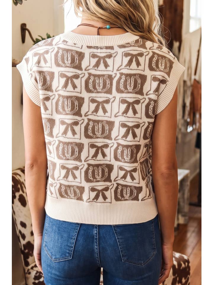 Ldc Cropped Knit Cardigan with Western Bow Motif Vest