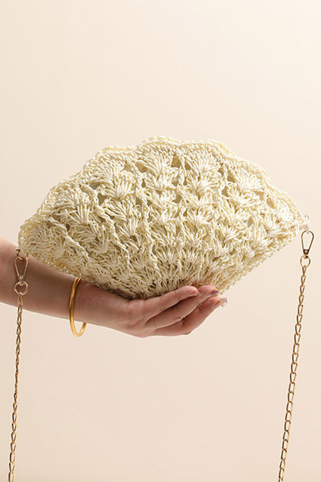 White Crochet Straw Beach Vacation Shell Shape Chain Strap Bag