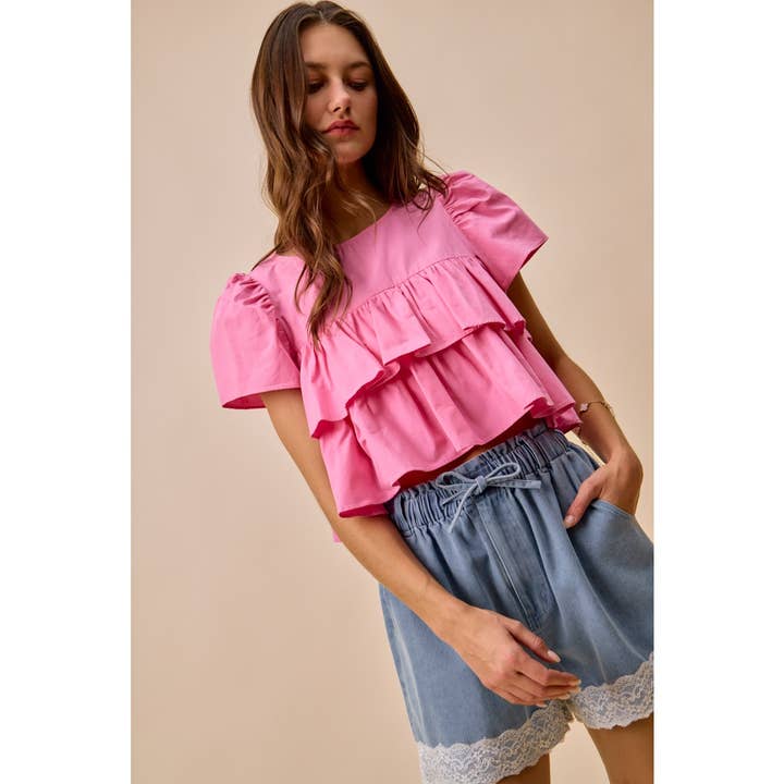 High Rise Front Tie Denim Shorts with Lace Trim