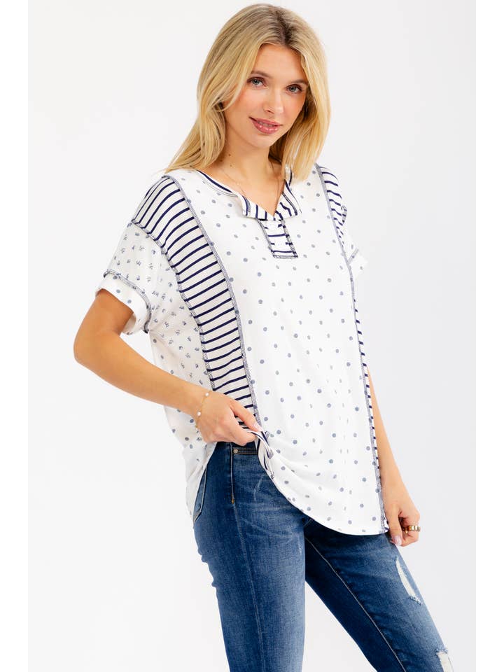 Mixed Print Contrast Henley Top T6373