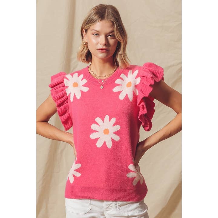 Daisy Flower Sweater Top with Flutter Sleeves