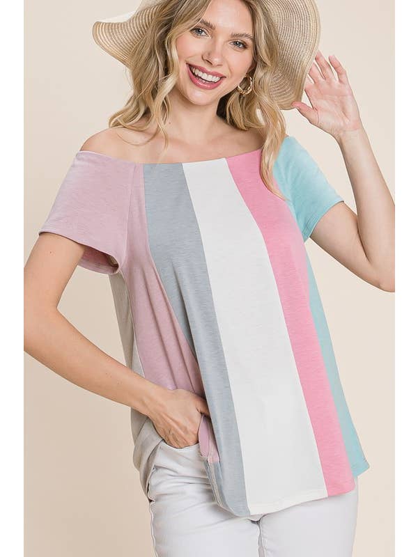 ETK-8507 Color Block Off Shoulder Top