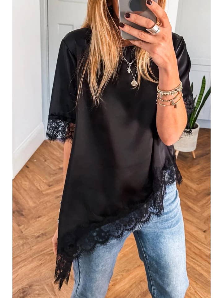 Ldc Asymmetric Lace Trim Short Sleeve Satin Top