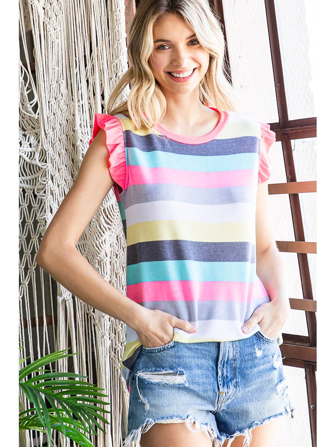 Stripe Print Round Neck Ruffle Sleeves Top T4795
