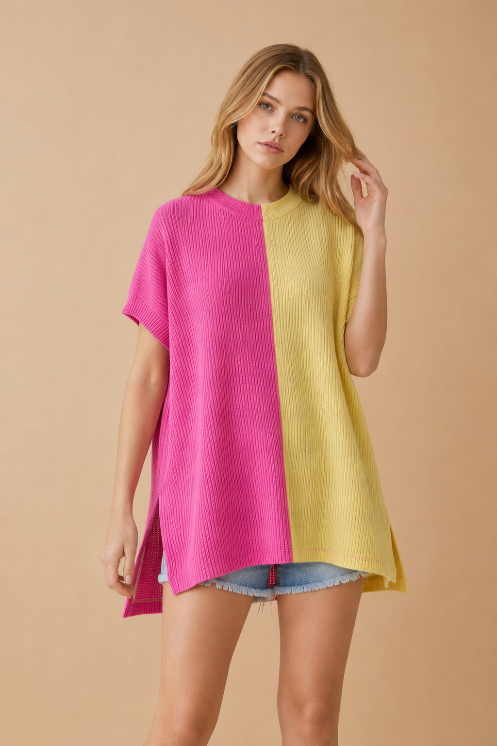 Wave Rib Bi-Colored Tunic Top