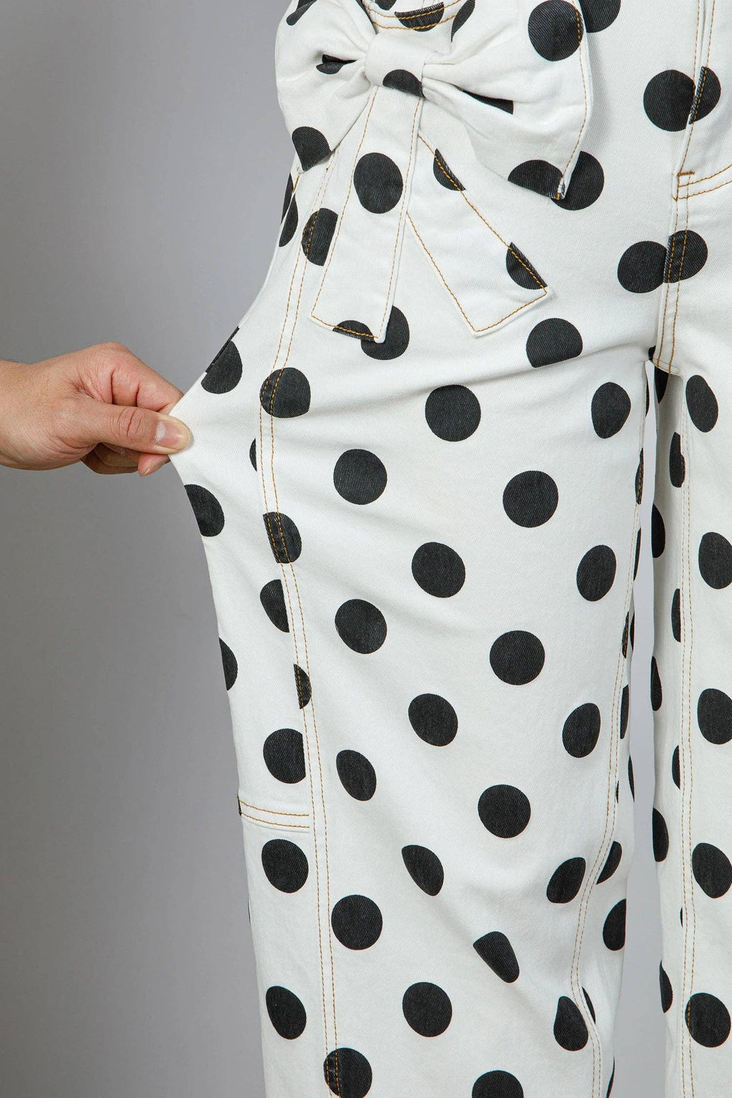 Polka Dot Cotton Jeans High Waist Bow Wide Leg