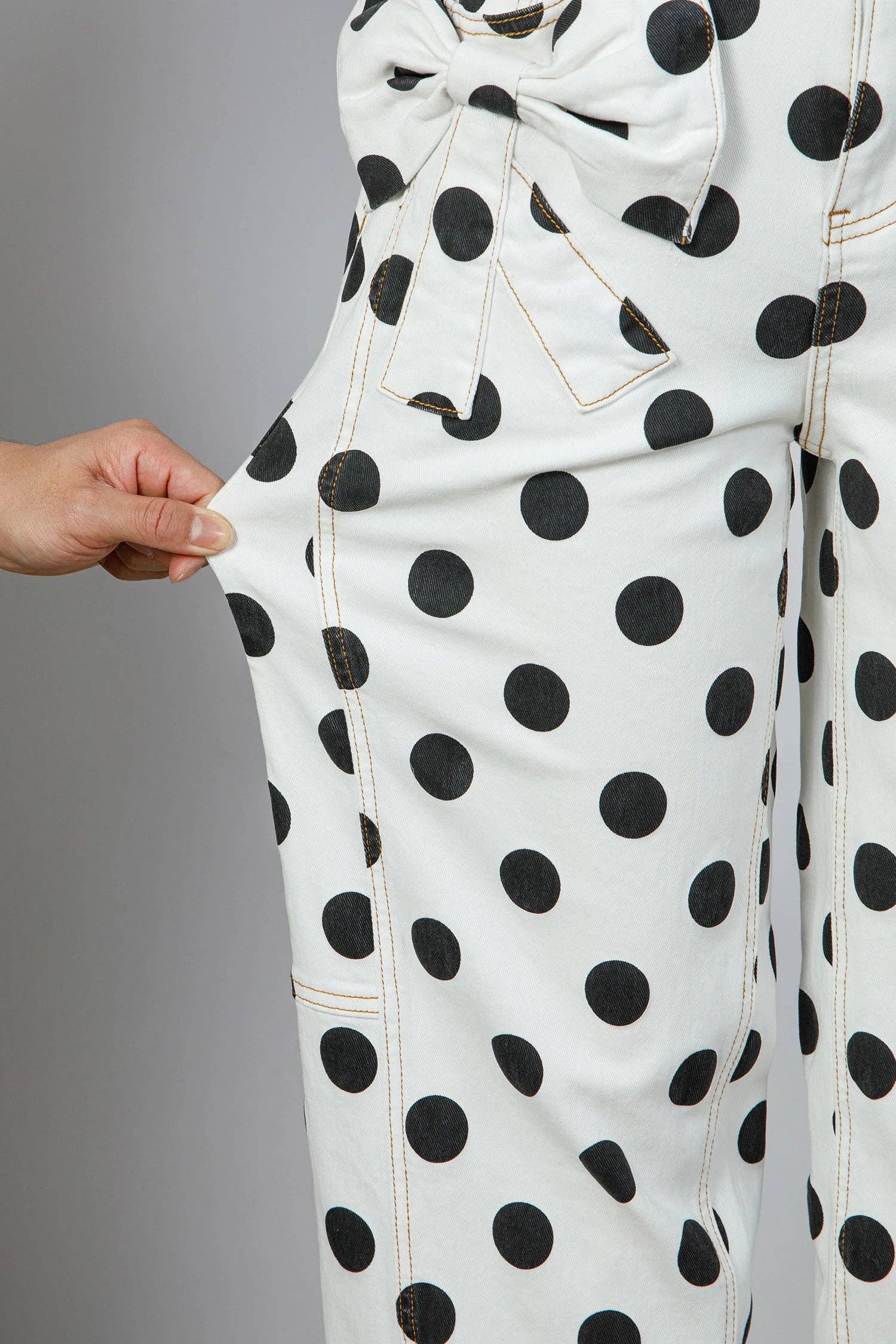 Polka Dot Cotton Jeans High Waist Bow Wide Leg