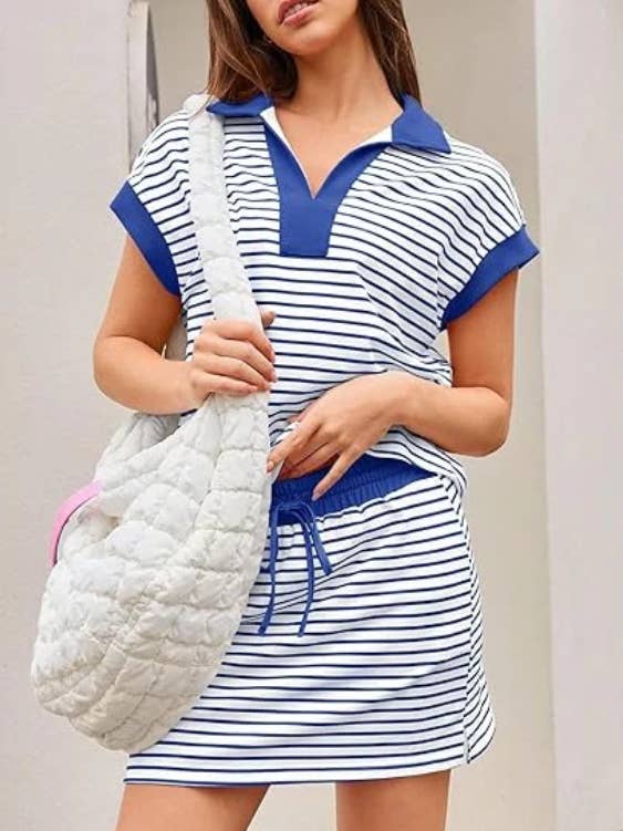 Striped Collared Short Sleeve Top & Skort Casual Set