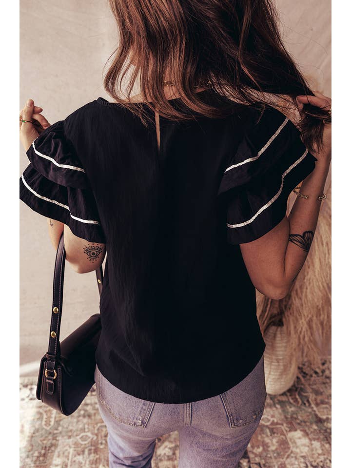 Contrast Trim Dual Ruffle Short Sleeve Textured Blouse