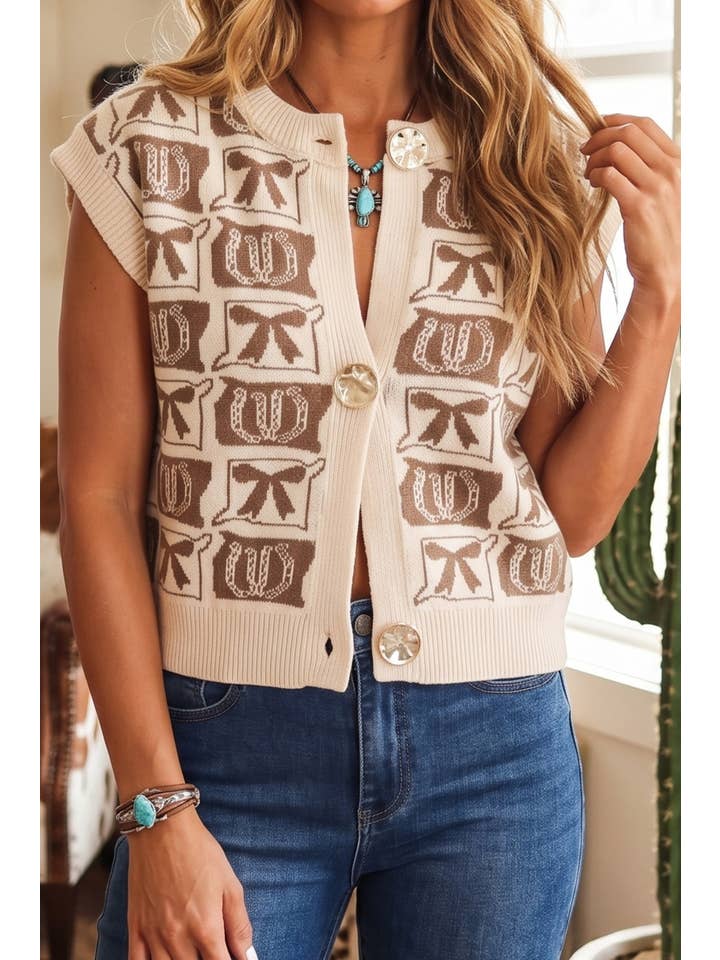Ldc Cropped Knit Cardigan with Western Bow Motif Vest