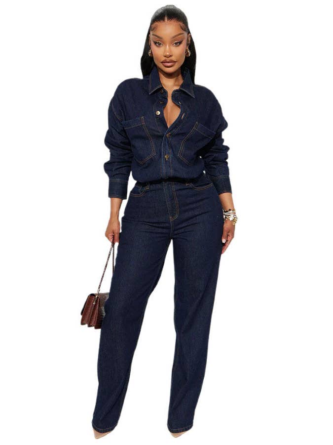 Women Fashion Denim Long Sleeves Jumpsuit