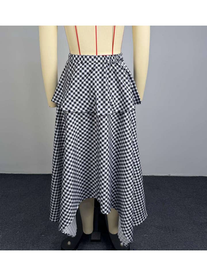 Drawstring Gingham Tiered Skirt Plaid Irregular Maxi Skirt