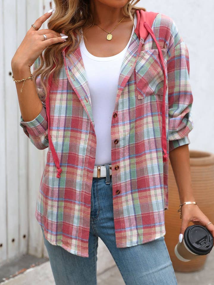 Casual Hooded Colorblocked Plaid Jacket