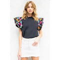Black Flutter Sleeve Top with Colorful Floral Embroidery