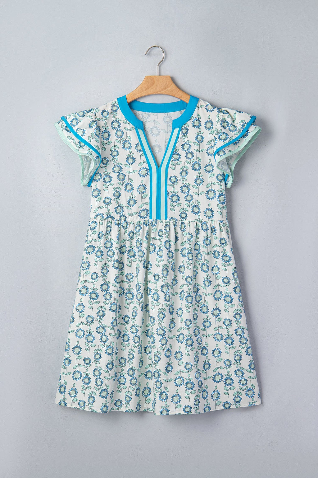 Floral Contrast Trim V-Neck Flutter Sleeve Dress