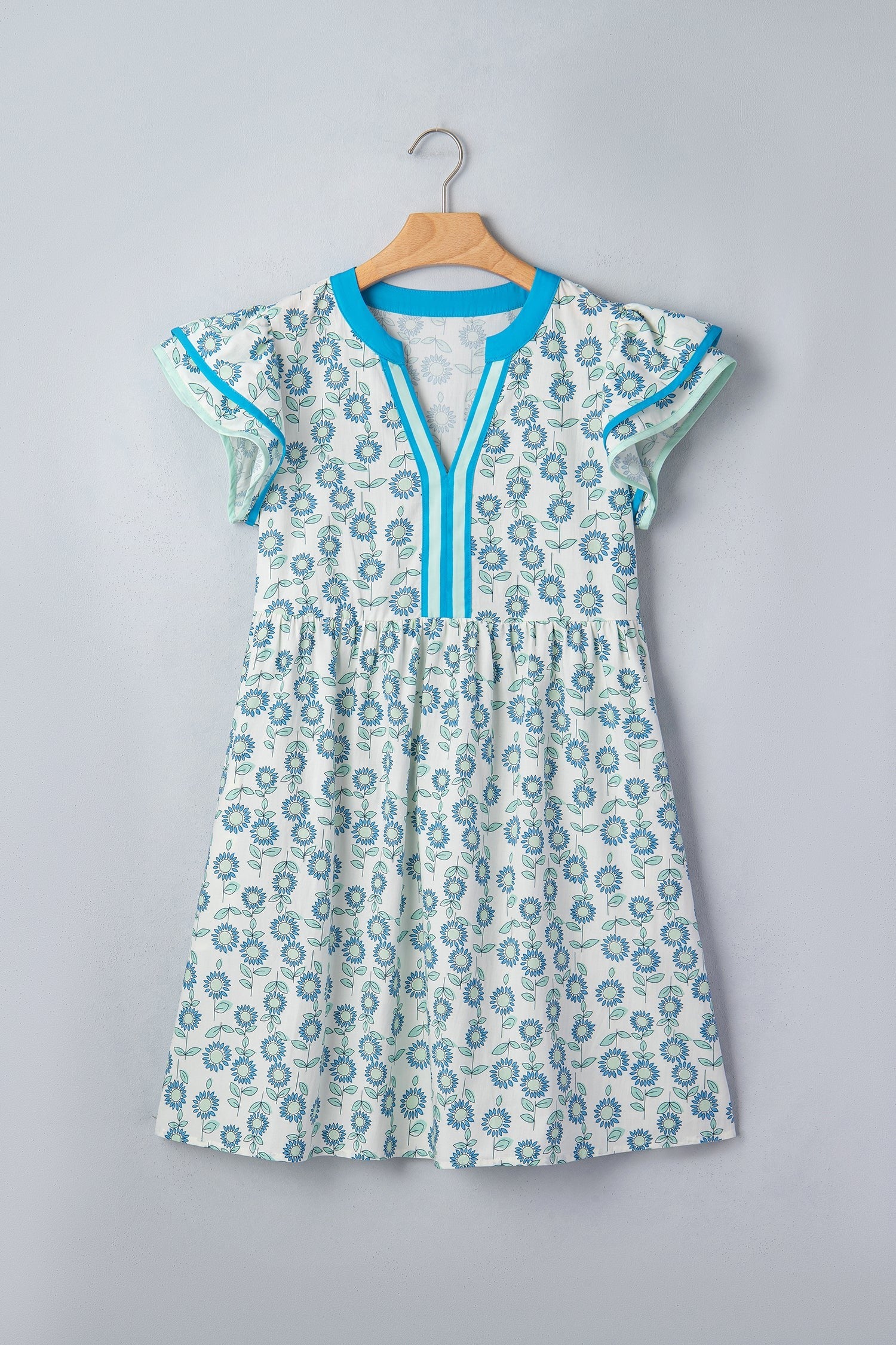 Floral Contrast Trim V-Neck Flutter Sleeve Dress