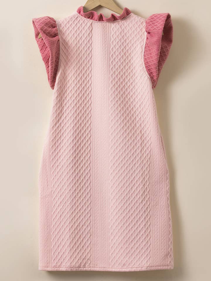 Light Pink Textured Puff Sleeve Ruffled V Neck Shift Mini Dress