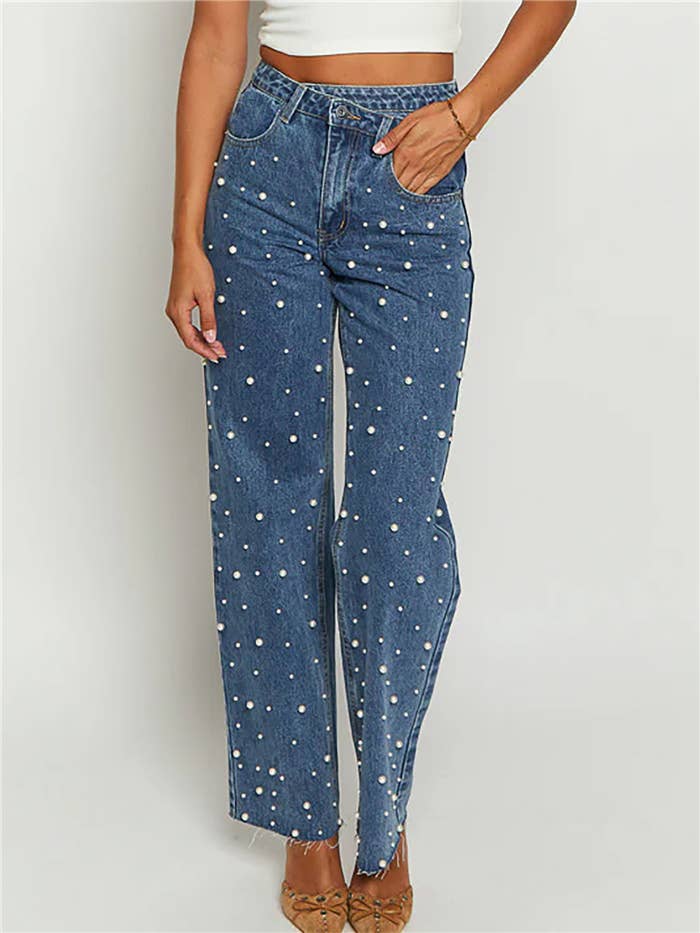 Irregular Waist Beaded Pearl Straight Jeans