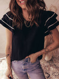 Contrast Trim Dual Ruffle Short Sleeve Textured Blouse