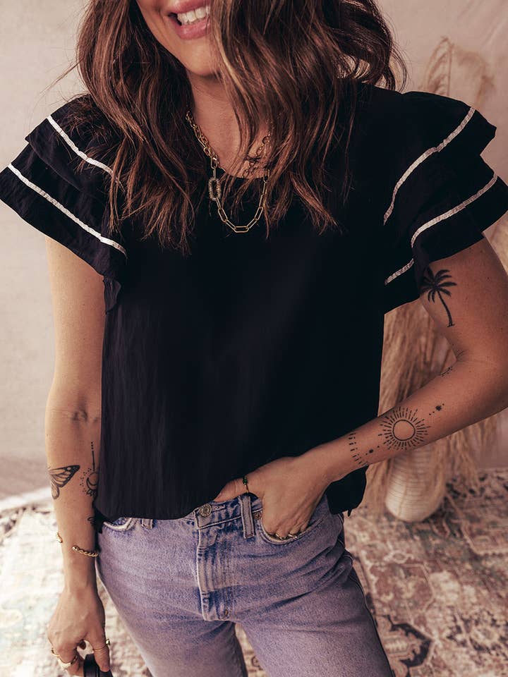 Contrast Trim Dual Ruffle Short Sleeve Textured Blouse