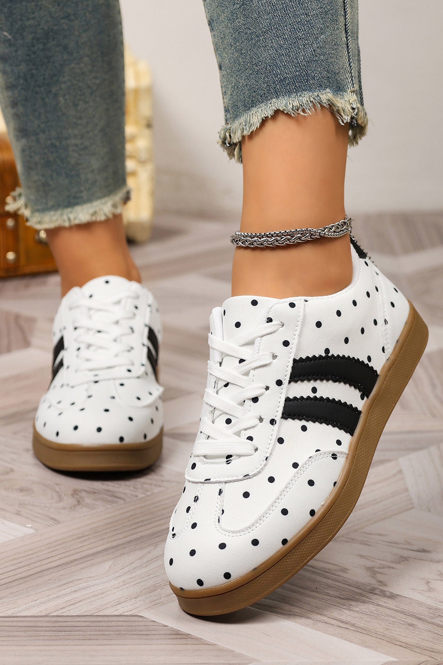 White Polka Dot Print PU Leather Color Block Detail Casual Sneakers