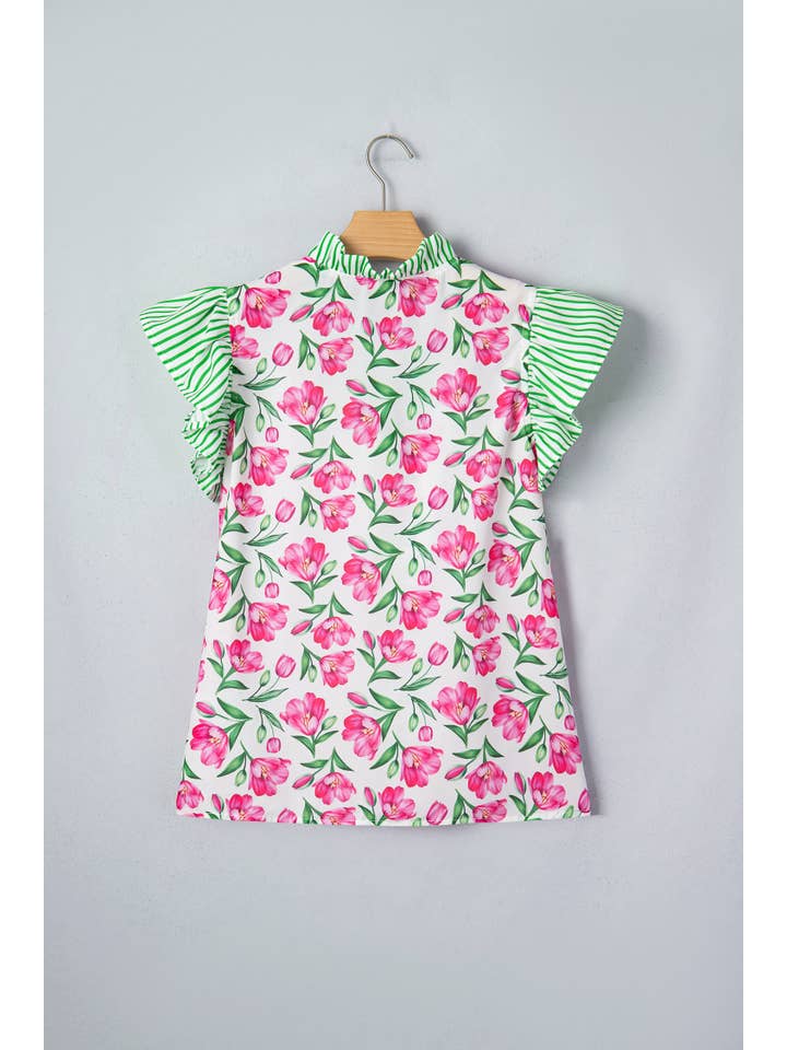 PRETTY BASH Floral Stripe Ruffle Trim Blouse