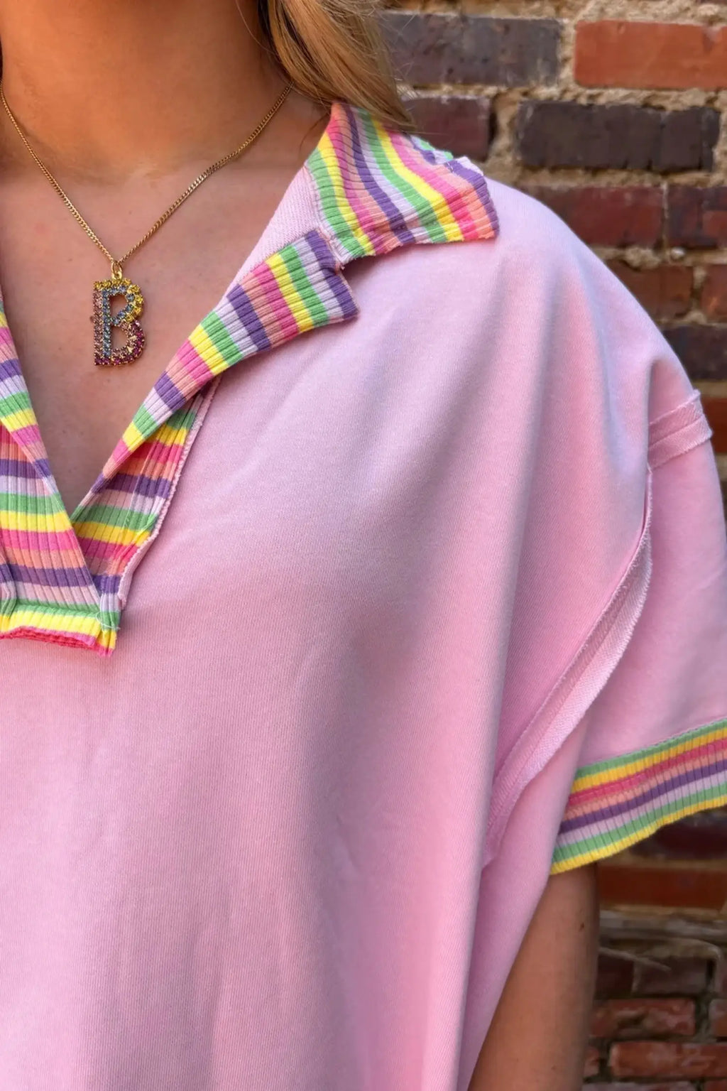 Rainbow Stripe Ribbed Patchwork Raw Seam Oversize Polo Tee