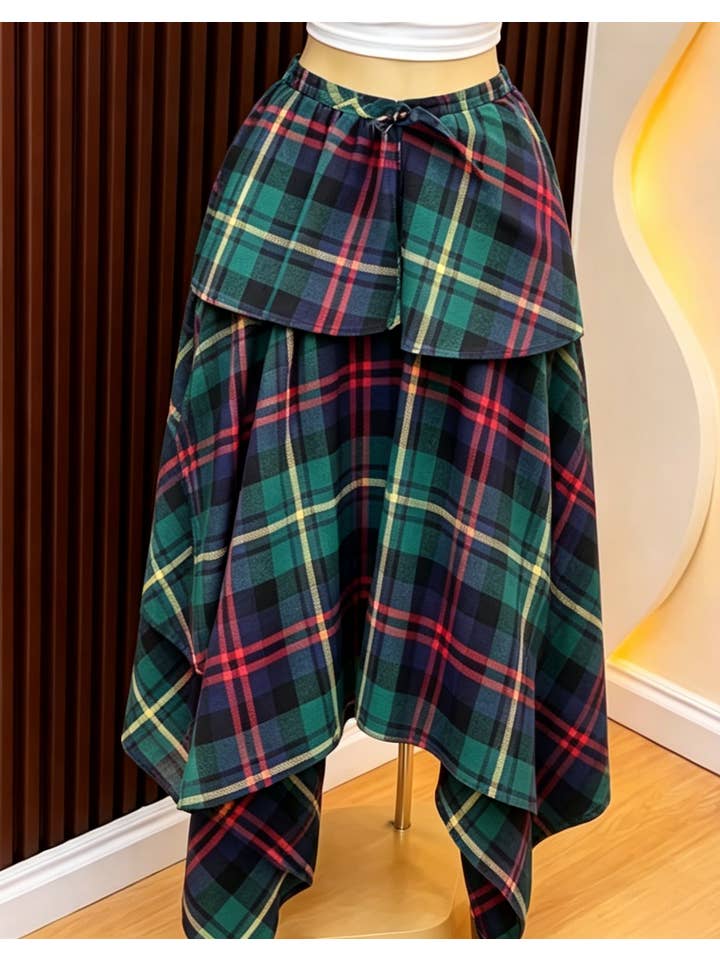 Drawstring Gingham Tiered Skirt Plaid Irregular Maxi Skirt