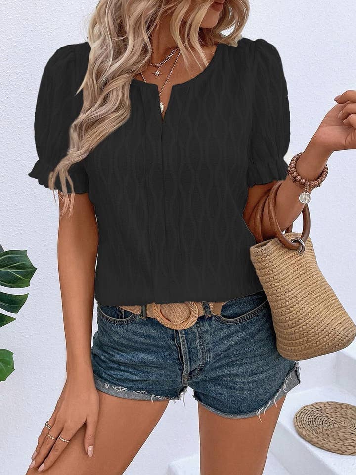 Jacquard V-Neck Puff Sleeve Blouse