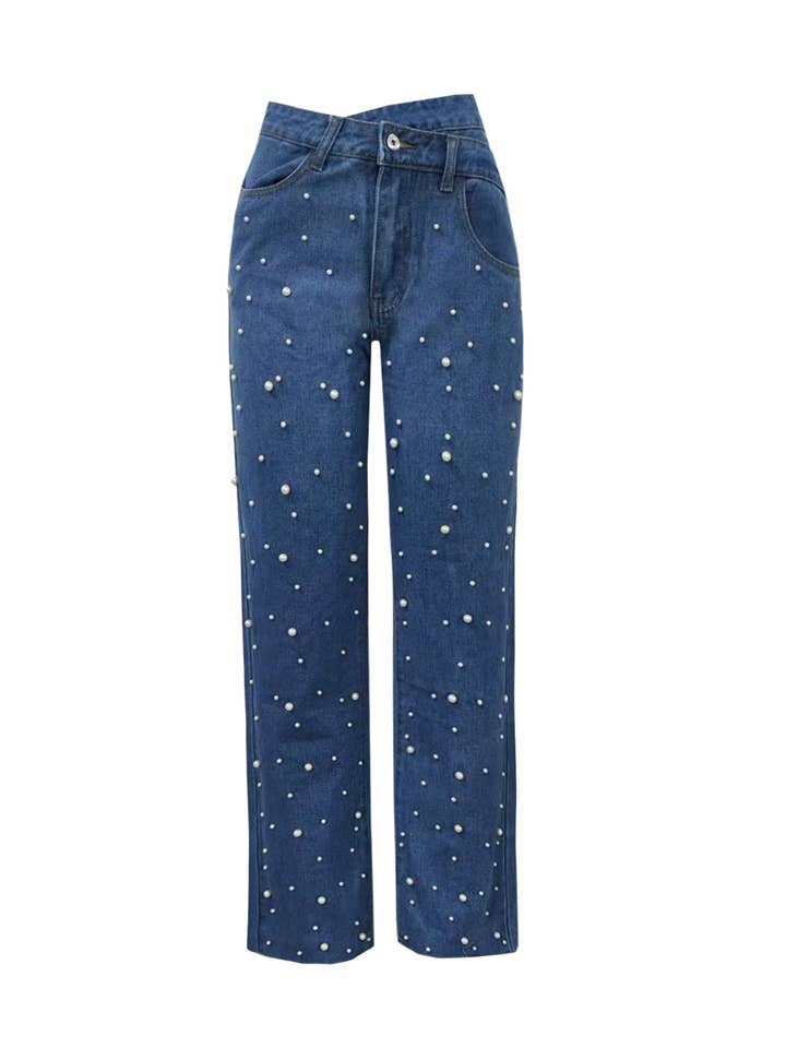 Irregular Waist Beaded Pearl Straight Jeans
