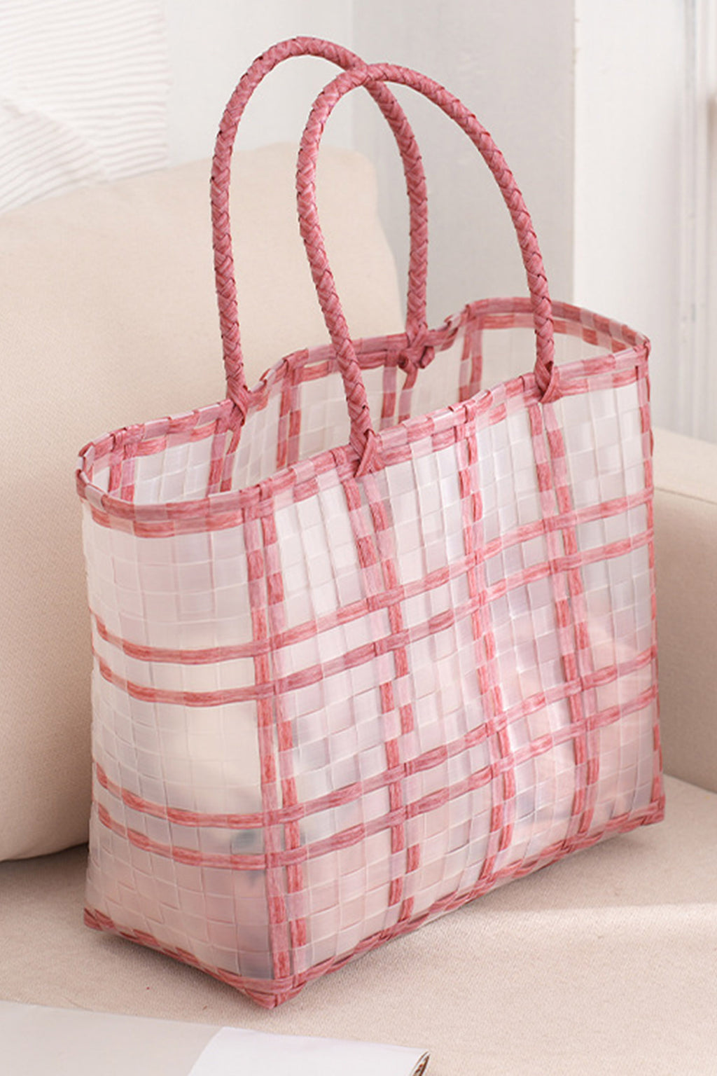 Pink Transparent PVC Woven Boho Style Tote Bag 35x19x12cm