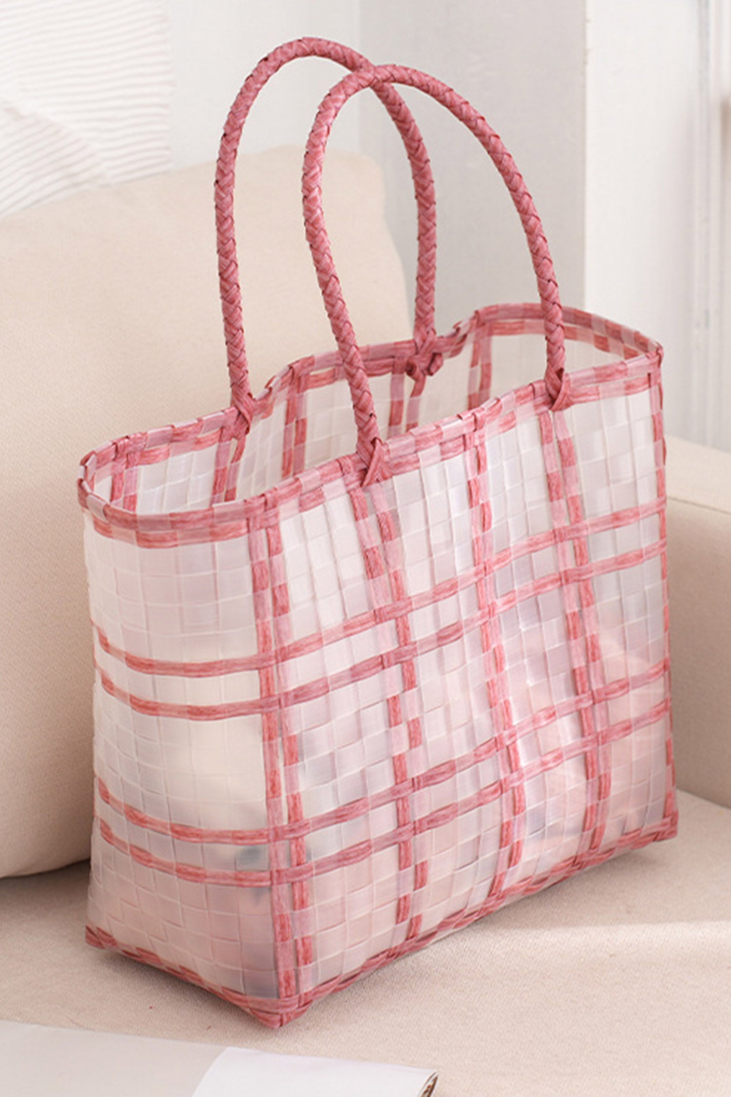 Pink Transparent PVC Woven Boho Style Tote Bag 35x19x12cm
