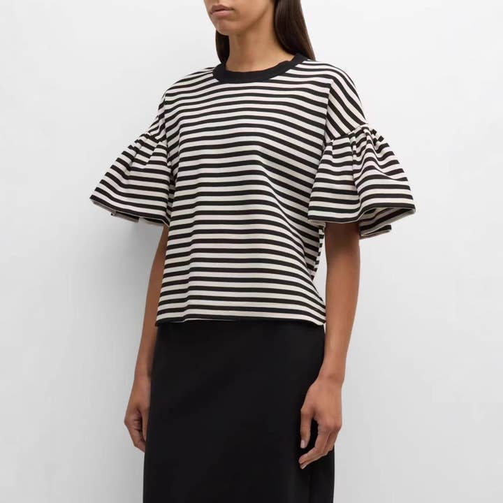 Crew Neck Loose Striped Bell Short Sleeve Top