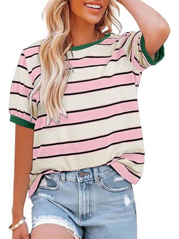 Short Sleeve Colorblock Crewneck Relaxed Stripe Top