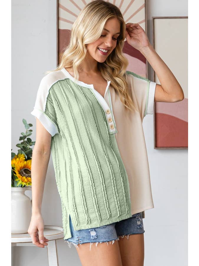 Color Block Half Textured Button Front Top