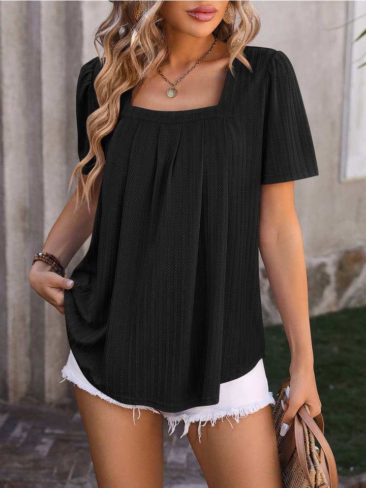 Solid Color Square-Neck Textured T-Shirt