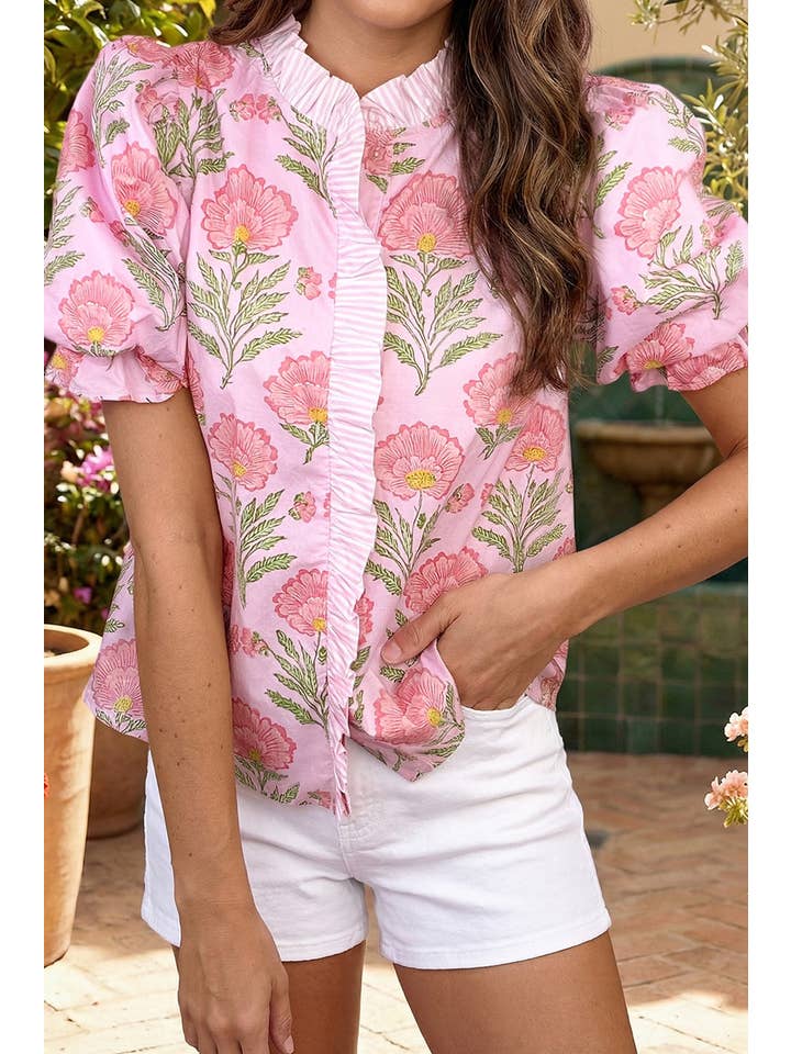 Sweet Blooms Botanical Print Blouse with Ruffle Detail