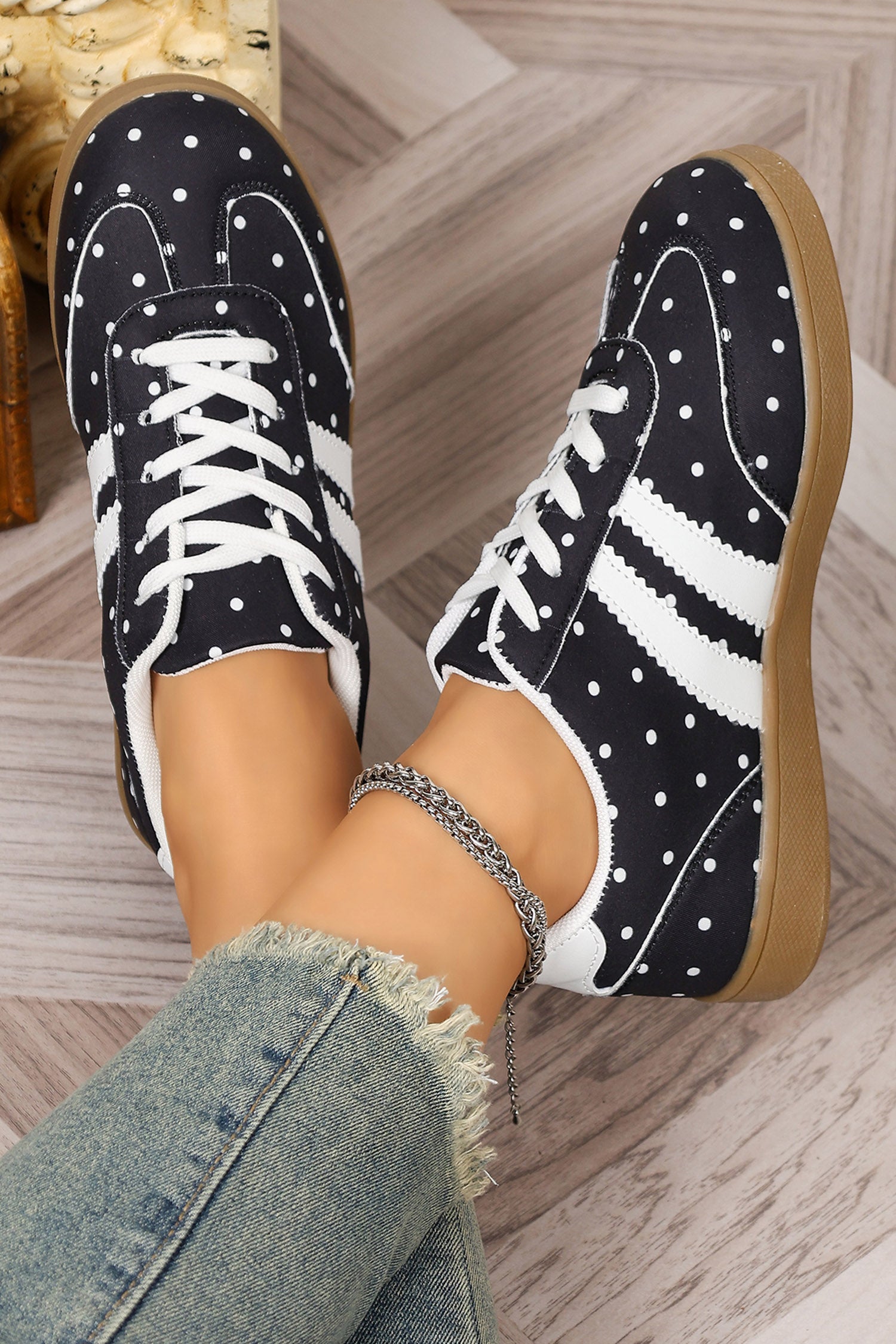 Color black Polka Dot Print PU Leather Color Block Detail Casual Sneakers
