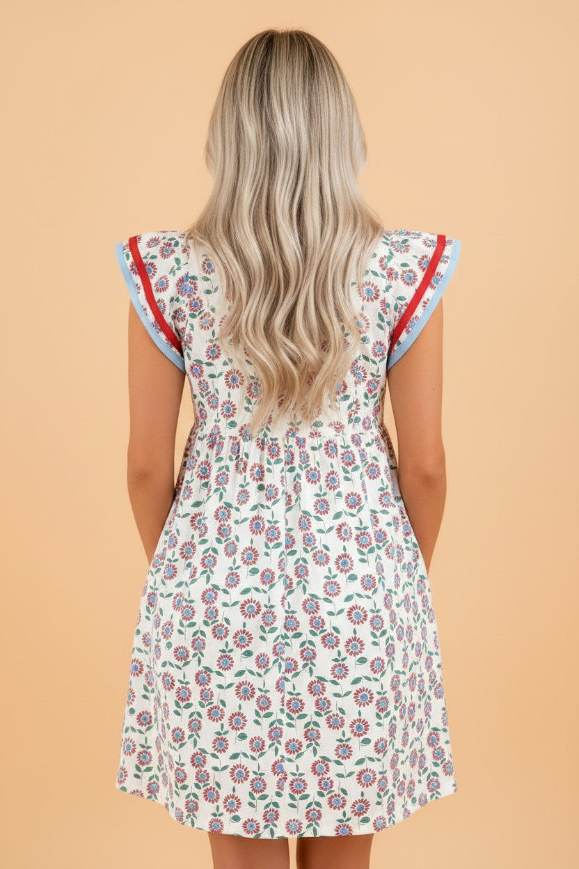 Floral Contrast Trim V-Neck Flutter Sleeve Dress