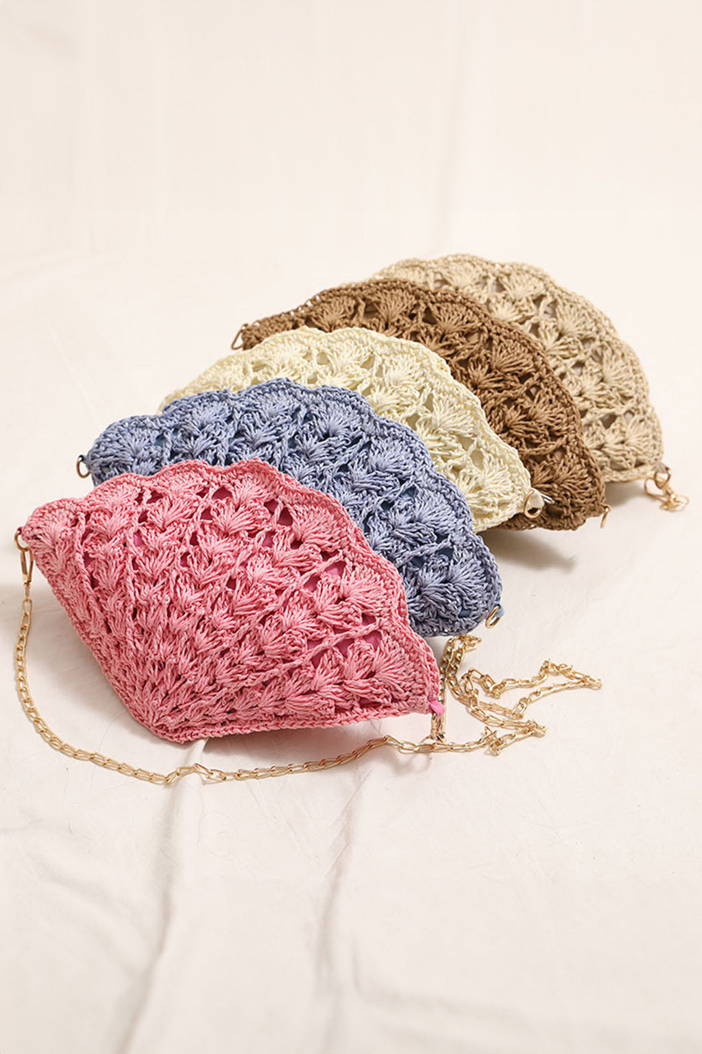 White Crochet Straw Beach Vacation Shell Shape Chain Strap Bag