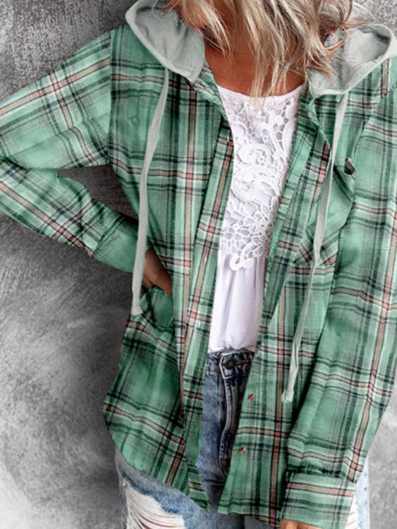 Casual Hooded Colorblocked Plaid Jacket