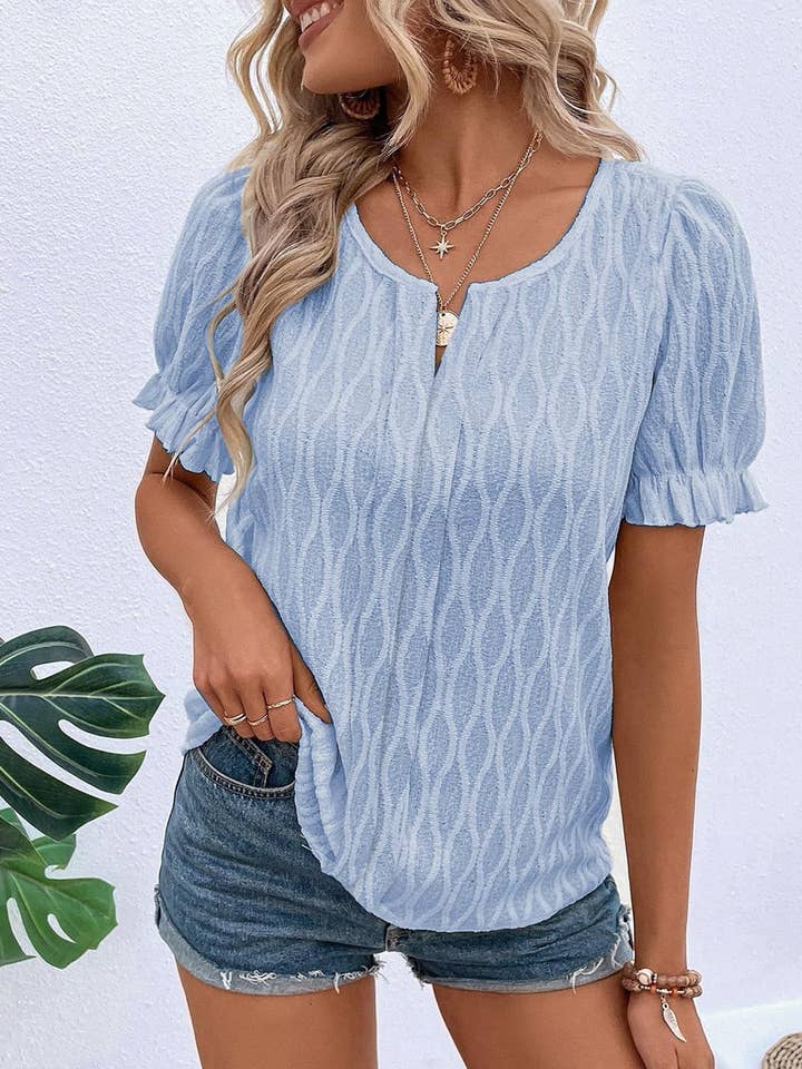 Jacquard V-Neck Puff Sleeve Blouse