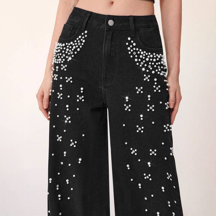 Rhinestone Shiny Pearl Straight Jeans