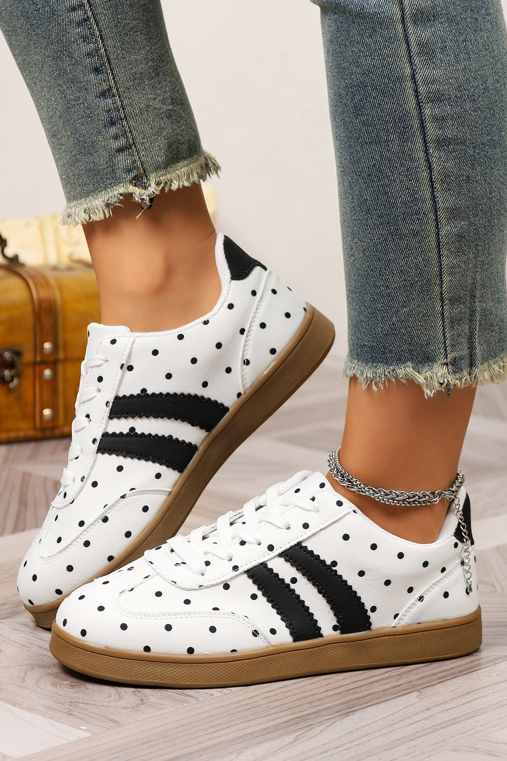 White Polka Dot Print PU Leather Color Block Detail Casual Sneakers