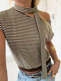 Striped One-Shoulder Knit Top with Scarf Neck