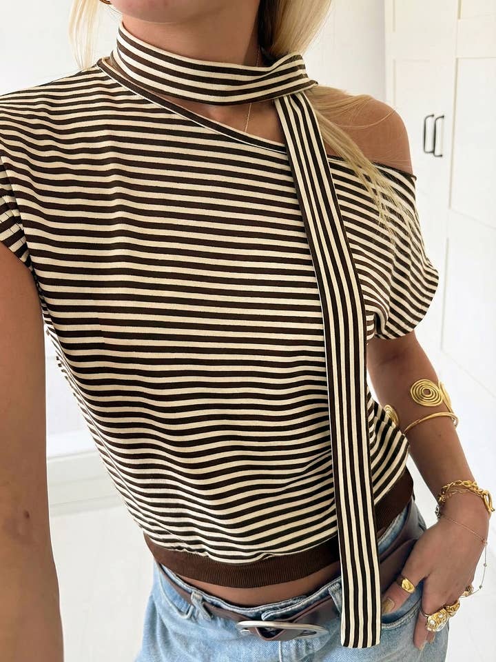 Striped One-Shoulder Knit Top with Scarf Neck